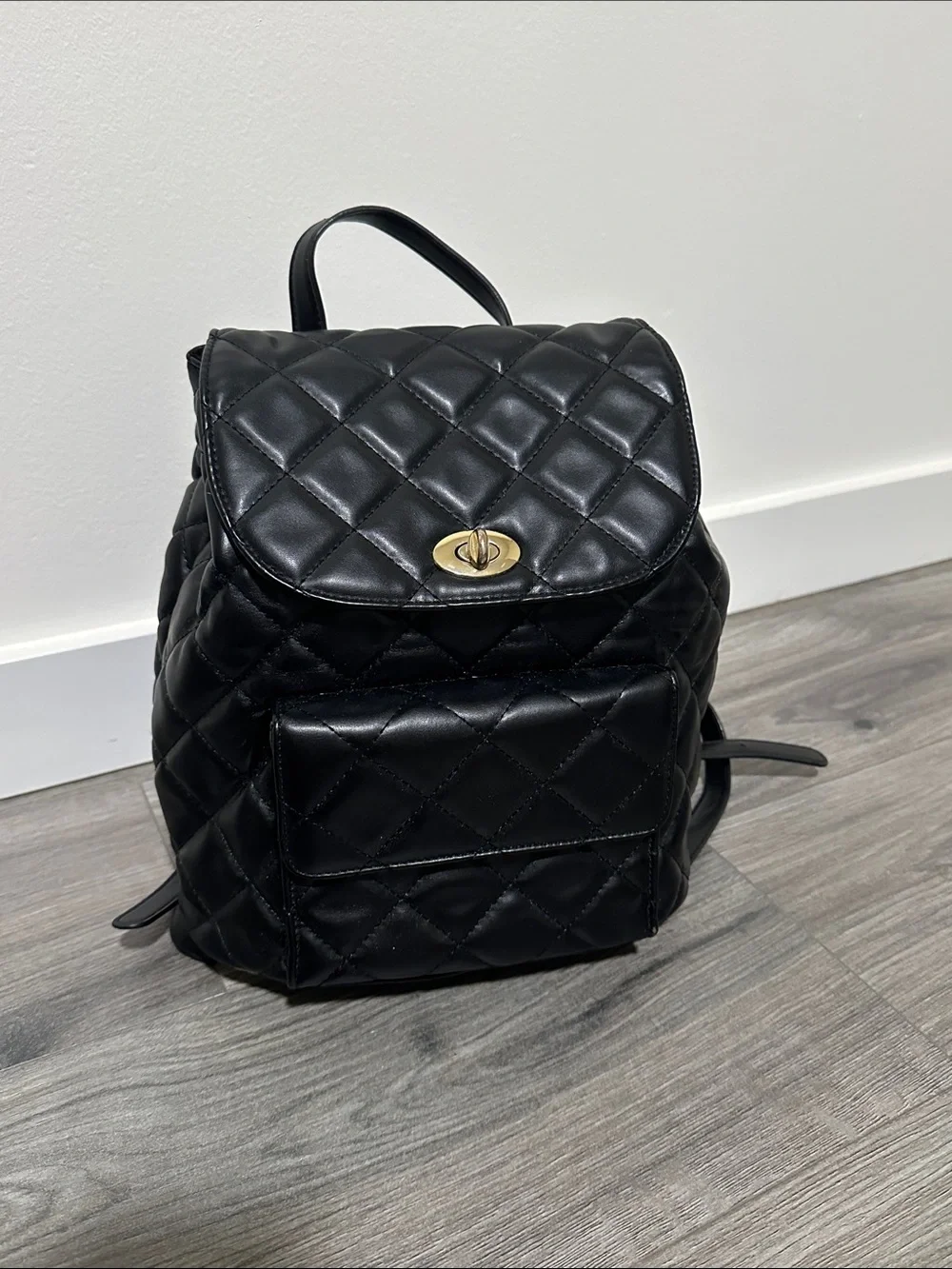 Forever 21 Black Quilted Backpack with Gold-Tone Turn Lock